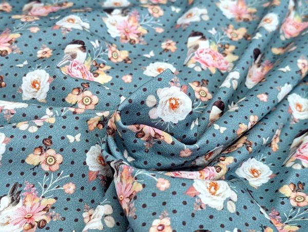 Baumwolljersey Vogel im Blumenzweig auf Punkte Jeansblau